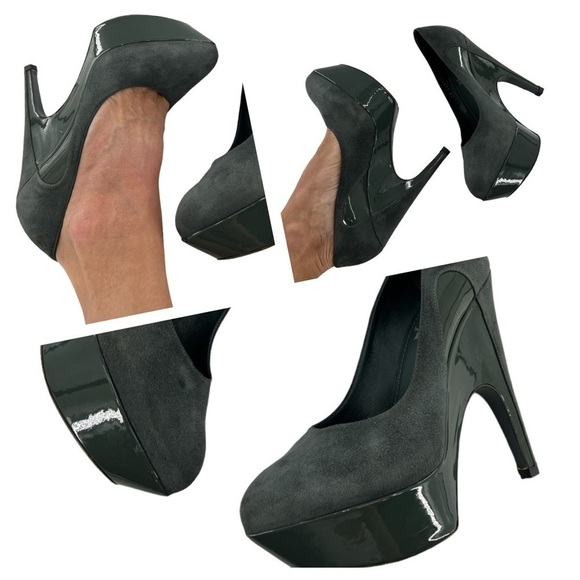 YVES SAINT LAURENT SUEDE AND PATENT LEATHER PLATFORM PUMPS Gray/Green 36 US 6 - Picture 1 of 16